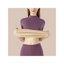 Plus Size - Women'S Thermal Underwear Set - Fleece-Lined Thickened Winter Panties, Full Coverage Round Neck Base Layer, Soft Stretchy Fabric for Cold Weather, Everyday & Formal Wear, Cozy Warmth, Seamless Design, Layering Essentials (Solid Color)