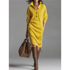 Plus Size - Hertalk'S New Button- Lapel Loose Straight Dress Is a Mid-Length Sweater Dress