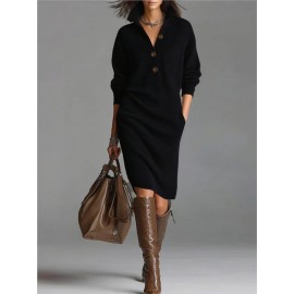 Plus Size - Hertalk'S New Button- Lapel Loose Straight Dress Is a Mid-Length Sweater Dress