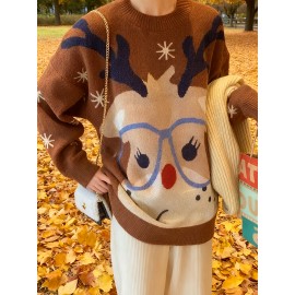 Plus Size, Women's Christmas Reindeer & Snowflake Jacquard Sweater - Loose Fit Pullover Sweaters with Reindeer Patterns, Round Neck Winter Sweaters for Xmas Parties, Casual Holiday Outfits (Bright Colors) - Cozy Winter Wear for non-Stretch