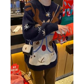 Plus Size, Women's Christmas Reindeer & Snowflake Jacquard Sweater - Loose Fit Pullover Sweaters with Reindeer Patterns, Round Neck Winter Sweaters for Xmas Parties, Casual Holiday Outfits (Bright Colors) - Cozy Winter Wear for non-Stretch