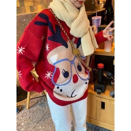 Plus Size, Women's Christmas Reindeer & Snowflake Jacquard Sweater - Loose Fit Pullover Sweaters with Reindeer Patterns, Round Neck Winter Sweaters for Xmas Parties, Casual Holiday Outfits (Bright Colors) - Cozy Winter Wear for non-Stretch