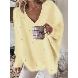 Plus Size - Women'S Asymmetrical V-Neck Geometric Sweater - Soft Pastel Winter Pullover with Trim, Cozy Casual Sweater for Everyday & Semi-Formal Outfits, Relaxed Fit Layering Piece, Easy-Care Durable Design