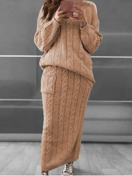 Plus Size - HERTALK Fall/Winter New Arrival Women'S Fashion Cable- Sweater Set Dress | Asymmetrical Hem, Crew Neck, Non-Stretch Fabric, Drop Shoulder Sleeves