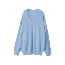 Plus Size, New Fall Winter Plus Size Women's V-Neck Beaded Sweater - Solid Color Top with Bead Accent Asymmetrical Collar, Cozy Winter Pullover for Casual & Dressy Outfits, Hand Washable (Immediate Shipment)