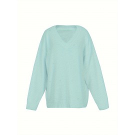 Plus Size, New Fall Winter Plus Size Women's V-Neck Beaded Sweater - Solid Color Top with Bead Accent Asymmetrical Collar, Cozy Winter Pullover for Casual & Dressy Outfits, Hand Washable (Immediate Shipment)