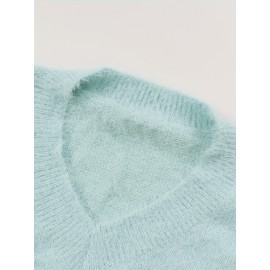 Plus Size, New Fall Winter Plus Size Women's V-Neck Beaded Sweater - Solid Color Top with Bead Accent Asymmetrical Collar, Cozy Winter Pullover for Casual & Dressy Outfits, Hand Washable (Immediate Shipment)