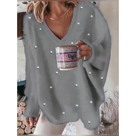 Plus Size, New Fall Winter Plus Size Women's V-Neck Beaded Sweater - Solid Color Top with Bead Accent Asymmetrical Collar, Cozy Winter Pullover for Casual & Dressy Outfits, Hand Washable (Immediate Shipment)