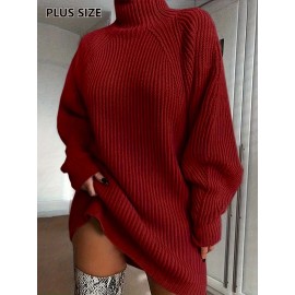 Plus Size, SCACTO Autumn and Winter Solid Color Versatile Loose Raglan Sleeve High Neck Women's Plus Size Sweater Dress