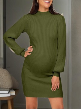 Plus Size - Pregnant Women Maternity Sweater Dress Turtleneck Puff Sleeve Slim Fit Bodycon Mini Dress
