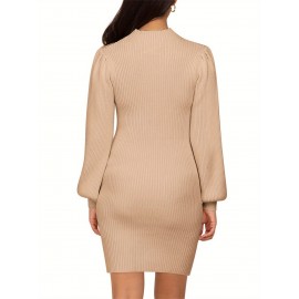 Plus Size - Pregnant Women Maternity Sweater Dress Turtleneck Puff Sleeve Slim Fit Bodycon Mini Dress