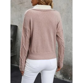 Plus Size - Plus Size Miye Sweater | Fall/Winter Color Block Turn- Collar Elegant Fashion Women'S Pullover Long Sleeve with Rib- Details