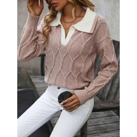 Plus Size - Plus Size Miye Sweater | Fall/Winter Color Block Turn- Collar Elegant Fashion Women'S Pullover Long Sleeve with Rib- Details