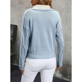 Plus Size - Plus Size Miye Sweater | Fall/Winter Color Block Turn- Collar Elegant Fashion Women'S Pullover Long Sleeve with Rib- Details