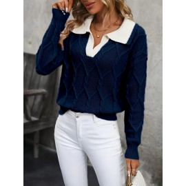 Plus Size - Plus Size Miye Sweater | Fall/Winter Color Block Turn- Collar Elegant Fashion Women'S Pullover Long Sleeve with Rib- Details