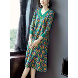 Plus Size - Plus Size Women'S V-Neck Sweater Dress | Mid-Length, Geometric Pattern, Stretchy Fabric, Regular Fit for Fall/Winter, Ideal for Office and Party Wear