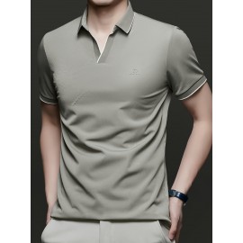 Men's Summer Short-Sleeve Collar Knit Shirt - Breathable V-Notch Blouse, Machine-Washable Casual & -Casual Tunic Top, Color-Blocking Trim (Short T) for Spring/Summer - In Stock 2518