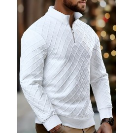 [Men's Casual Sweater] Men's Casual Zip-Up Sweater | Long Sleeve, Solid Color, Regular Fit, Round Neck, Geometric Pattern, Fall & Winter, Knitwear, High Quality