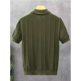 Luxury Knit Short Sleeve Polo Shirt for Men | Summer New Solid Color Lapel Collar Casual Tops, Button Details, Regular Fit