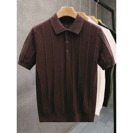 Luxury Knit Short Sleeve Polo Shirt for Men | Summer New Solid Color Lapel Collar Casual Tops, Button Details, Regular Fit