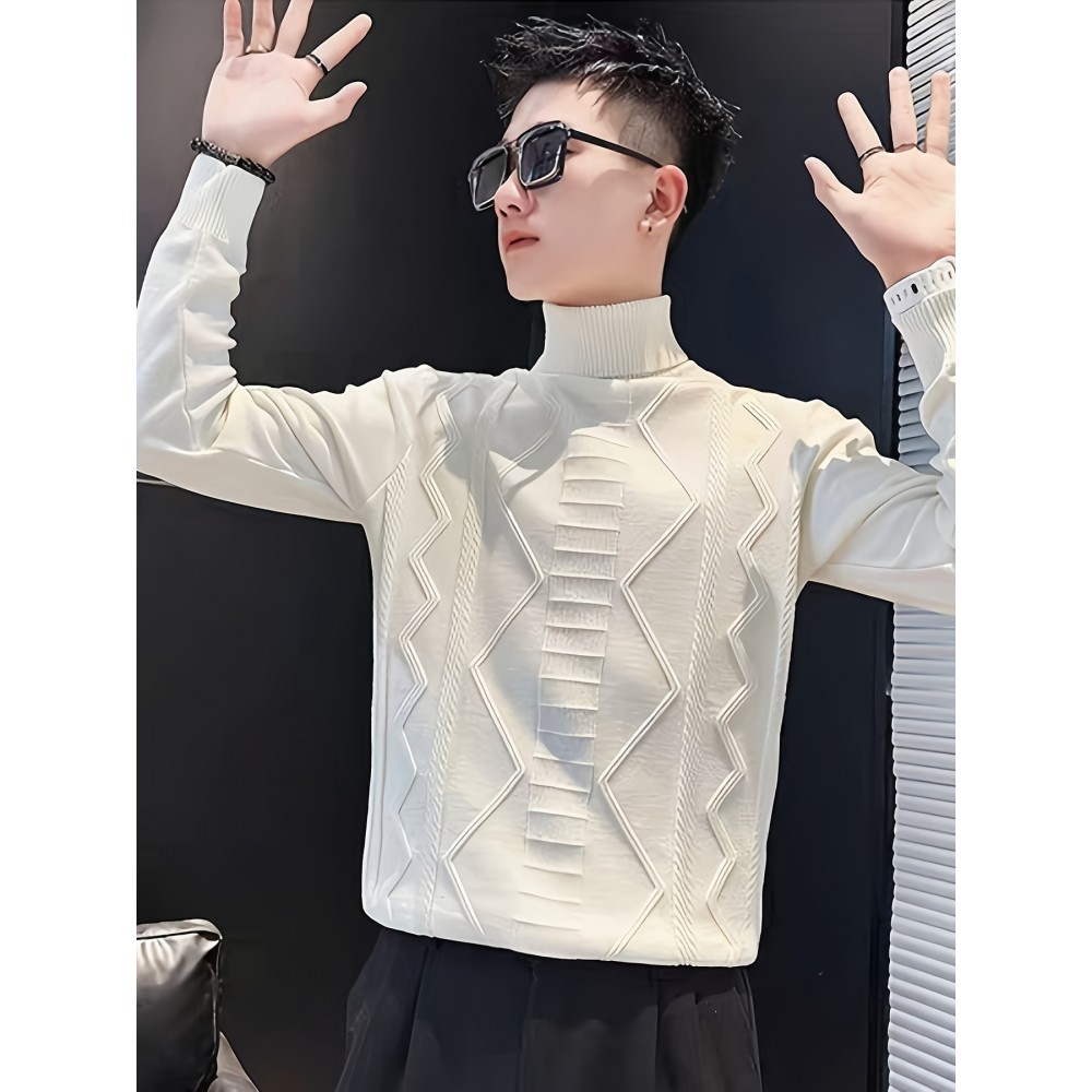 New Stylish Men'S Pullover with a High Collar And Three-Dimensional Jacquard Design, Knit