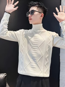 New Stylish Men'S Pullover with a High Collar And Three-Dimensional Jacquard Design, Knit