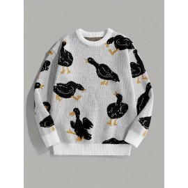 Men's Trendy Cute Pattern Animal Goose Pullover Casual Couple Street Round Neck Sweater Knitwear Warm