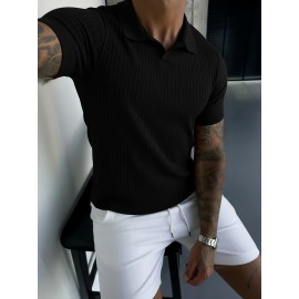 Men'S Summer Fashion Rib-Knit Polo Shirt | Short Sleeve, Lapel Collar, Rayon, Medium Stretch, Solid Color, Ideal for Business Travel and Casual Social Events