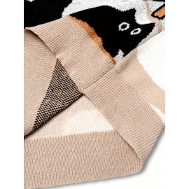 Unisex Autumn Fall Back to School Casual Loose Fit Commuter Simple Solid Color Versatile Round Neck Cartoon Jacquard Pattern Long Sleeve Pullover Knitted Fabric Top