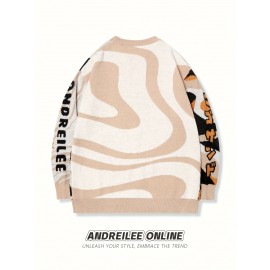 Unisex Autumn Fall Back to School Casual Loose Fit Commuter Simple Solid Color Versatile Round Neck Cartoon Jacquard Pattern Long Sleeve Pullover Knitted Fabric Top