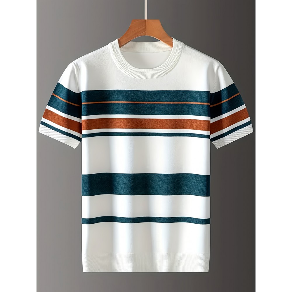 [Summer Striped T-Shirt] LVLAEA Men's Summer Striped Pullover T-Shirt | Short Sleeve, Crew Neck, Casual Rayon Blend, Rib-Knit, Slight Stretch, Fashionable Stripes, Everyday Wear, Regular Fit, Breathable, Skin-Friendly