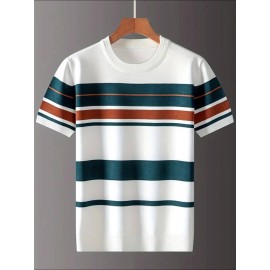 [Summer Striped T-Shirt] LVLAEA Men's Summer Striped Pullover T-Shirt | Short Sleeve, Crew Neck, Casual Rayon Blend, Rib-Knit, Slight Stretch, Fashionable Stripes, Everyday Wear, Regular Fit, Breathable, Skin-Friendly