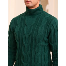 Men's Winter Knit Sweater Thickened Warm High Neck Pullover - Soft Cable Knit Design Solid Color Casual Cold Weather Sweaters for Office & Casual Attire (Regular Fit)
