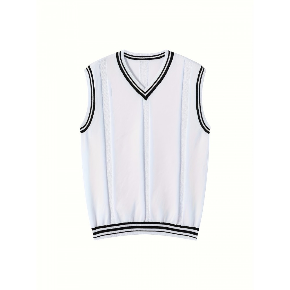 Men's V-neck Pullover Vest Cardigan, College Style Knitted Sleeveless Sweater