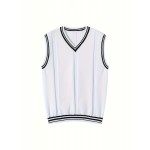 Men's V-neck Pullover Vest Cardigan, College Style Knitted Sleeveless Sweater