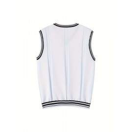 Men's V-neck Pullover Vest Cardigan, College Style Knitted Sleeveless Sweater