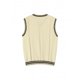 Men's V-neck Pullover Vest Cardigan, College Style Knitted Sleeveless Sweater