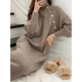 Women's Elegant Sweater Dress - Button-Front Collar High Neck Long Sleeve Dress, Solid Color Loose Fit Dress Suitable for Fall/Winter, Office to Semi-Formal Wear