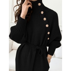 Women's Elegant Sweater Dress - Button-Front Collar High Neck Long Sleeve Dress, Solid Color Loose Fit Dress Suitable for Fall/Winter, Office to Semi-Formal Wear