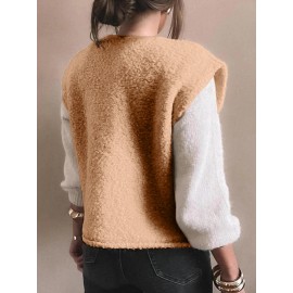 Light French Beige Big Button Accent Fuzzy Pocket Vest
