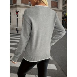 Women's Grey Snowflake Jacquard Sweater - Korean Winter Slim-Fit Pullover with White Snowflake Pattern, Soft Round Neck Long Sleeve Sweater for Christmas, Cozy Winter Party & Casual Outfits (Grey/Green/Black)