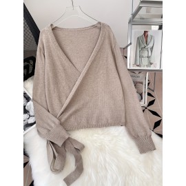 100% Wool Women's Elegant V-Neck Cardigan with Adjustable Tie Waist- Beige Long Sleeve Sweater, Lightweight Casual to Semi-Formal Outerwear for Spring