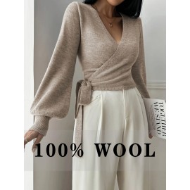 100% Wool Women's Elegant V-Neck Cardigan with Adjustable Tie Waist- Beige Long Sleeve Sweater, Lightweight Casual to Semi-Formal Outerwear for Spring