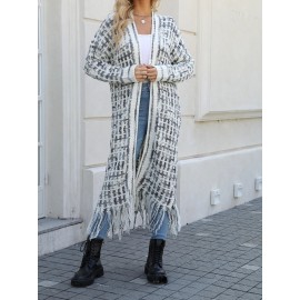 Women'S Elegant Fringe Long Cardigan - Non-Stretchy Loose Fit Winter Coat with Tassel Trim, Friendly, Belted Waist, Fall/Winter Outerwear for Everyday & Formal