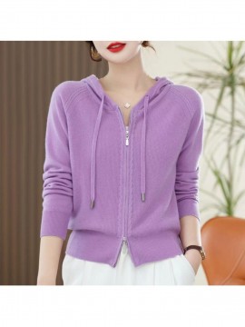 Spring and Autumn Women'S Hooded Cardigan | Long-Sleeved, Loose Fit, Solid Color, V-Neck, Elegant Style
