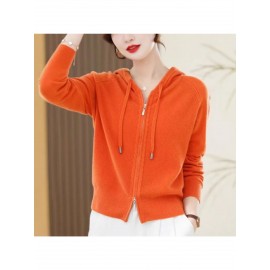 Spring and Autumn Women'S Hooded Cardigan | Long-Sleeved, Loose Fit, Solid Color, V-Neck, Elegant Style
