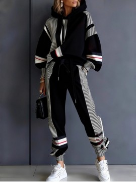 Women's Fall Winter New Color Block Hoodie Set Casual Sweatshirt Pants 2pcs