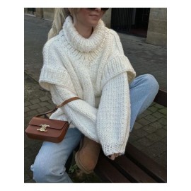 Women's European & American Style Oversized Loose-Fit High Neck Sweater - Soft Long Sleeve Winter Sweater with Fake Button Closure, Cozy Fall & Winter Sweater for Resort Wear, Casual or Dressy Outfits (White)