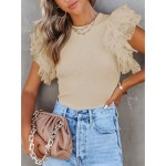 Women'S Apricot Dotted Mesh Ruffle Sleeve Top - Spring Summer Fall Casual to Semi-Formal Shirt, H-Line Silhouette with Round Neck & Breathable Mesh Back, Lightweight Stretchy Blouse for Beach Outfits, Brunch & Casual Attire, Versatile Layering Piece