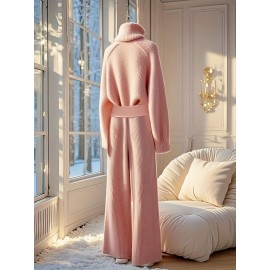 Autumn and Winter High-End Solid Color Cowl Neck Sweater with Niche Casual Wide-Leg Pants | Two-Piece Suit for Women'S Commute Wear, Elegant Style with Detail